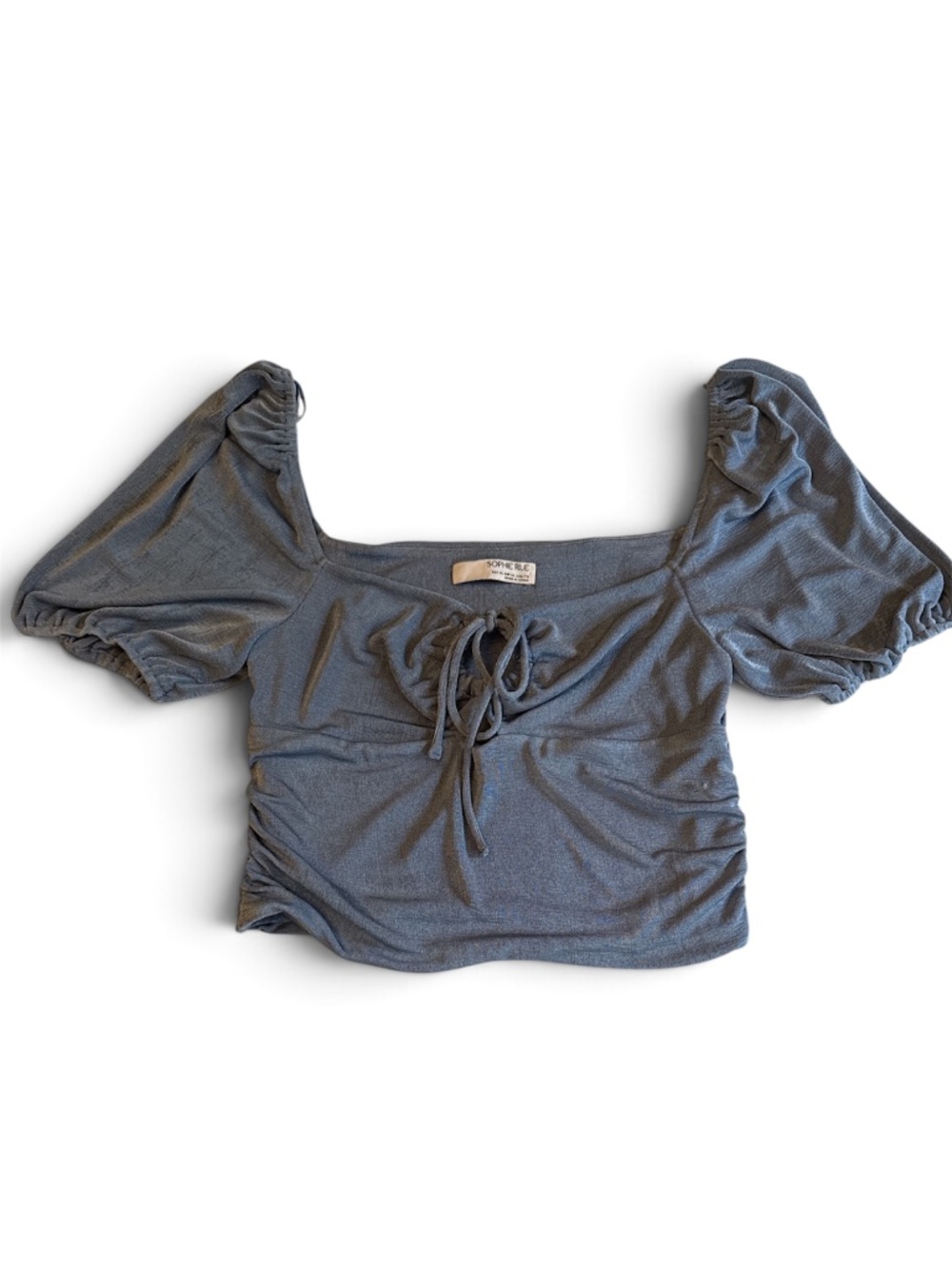 Sophie Rue Blue Puff Sleeve Ruched Tie Front Crop Top XL